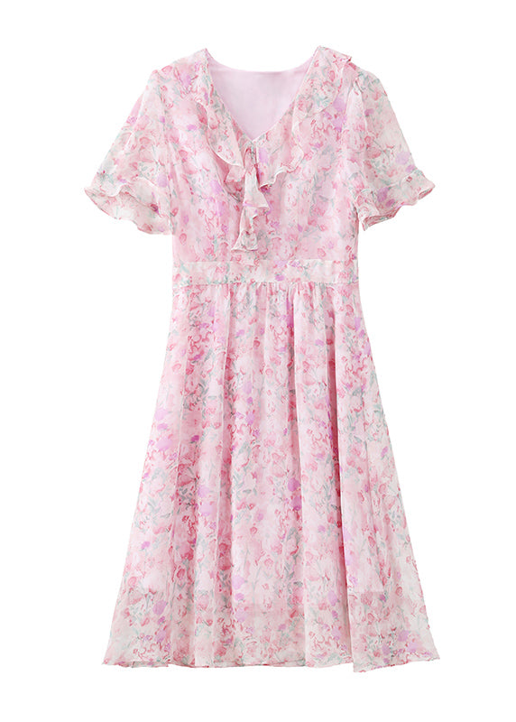 Pink V Neck Ruffled Print Chiffon Dress Summer