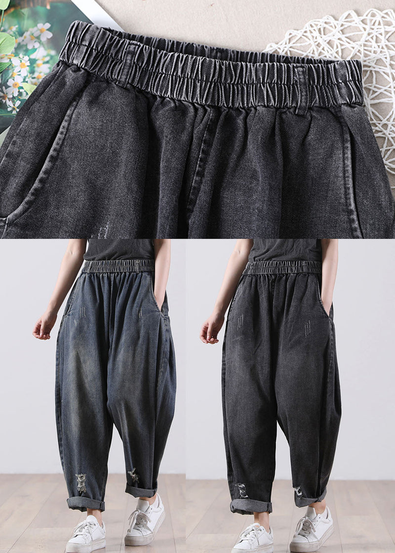 Denim Blue Elastic Waist Pockets Cotton Harem Pants Fall