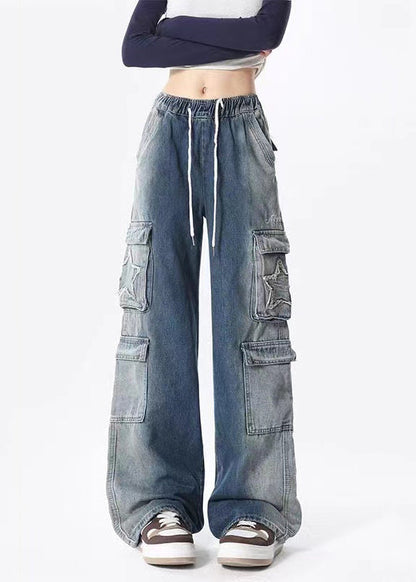 Blue Gradient Pockets Drawstring Elastic Waist Denim Pants Spring
