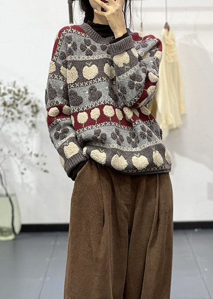 Stylish Grey O Neck Jacquard Knit Sweater Tops Spring