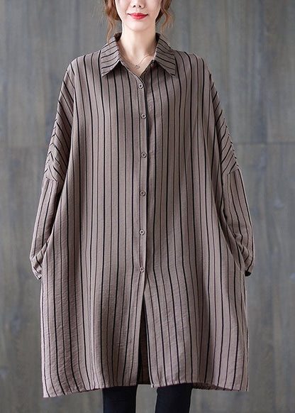 Khaki Peterpan Collar Button Striped Fall Long Sleeve Top