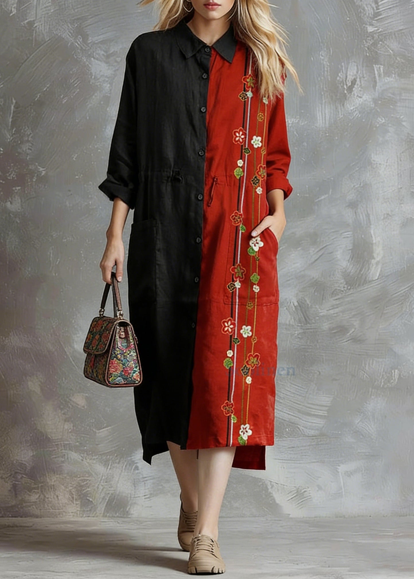 Red Flower Linen Shirt Dress Oversize Spring Maxi Dresses