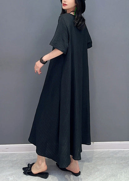 Natural Black O-neck Patchwork Long Dresses Short Sleeve