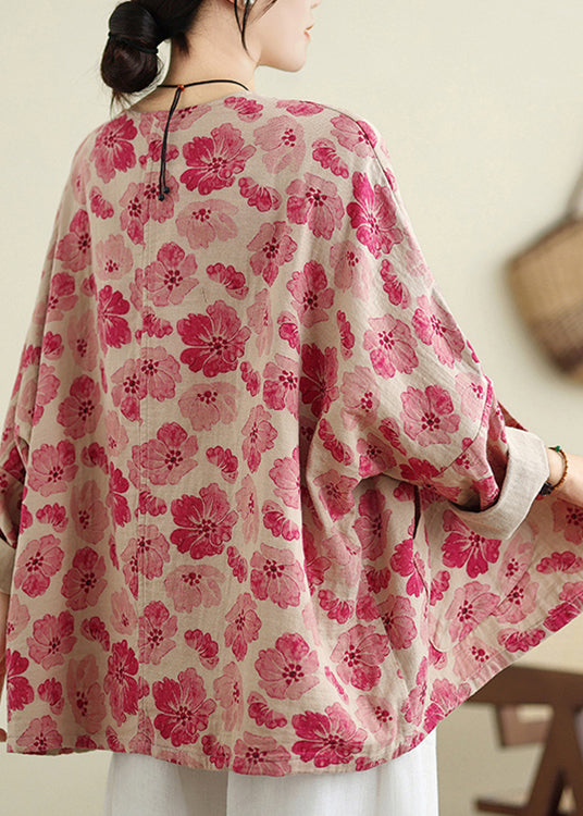 Red O Neck Pockets Print Cotton Shirts Coat Spring
