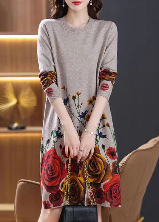Camel Side Open Cozy Wool Knit Dress O-neck Spring
