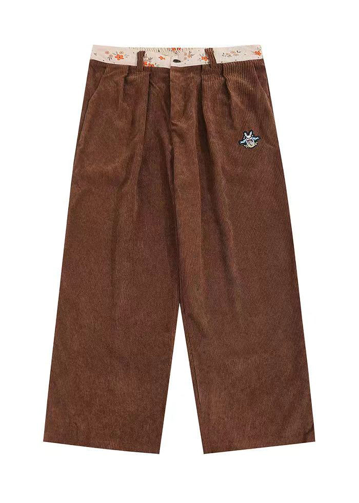 Style Brown Pockets Corduroy Wide Leg Pants Spring