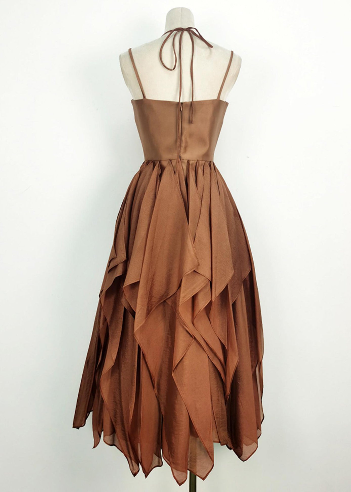 New Brown Lace Up Cotton Spaghetti Strap Dress Sleeveless