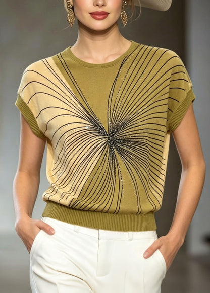Handmade Green O Neck Zircon Ice Silk Knit Top Summer