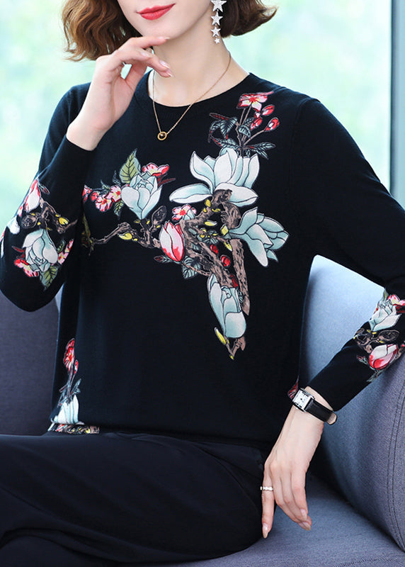 Black Print Woolen Knit Tops O Neck Spring