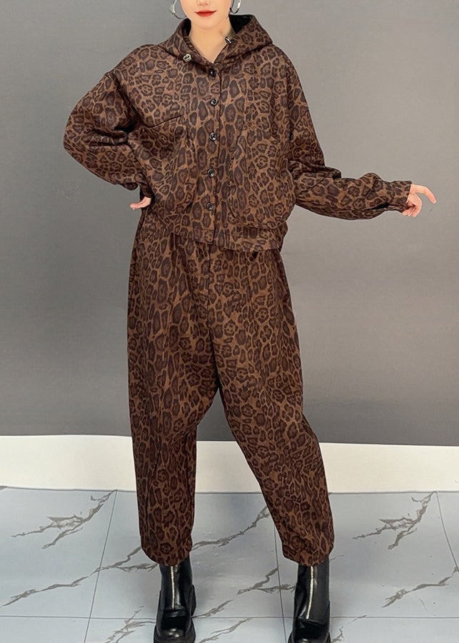 Khaki Leopard Warm Fleece Hooded Coats and Harem Pants Two Pieces Set Winter
