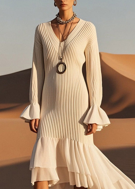 Classy V Neck Wrinkled Patchwork Knit Sweater Dress Spring