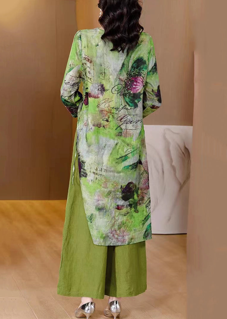New Green Asymmetrical Print Tops and Wide Leg Pants Patchwork Linen Two Pieces Set Fall