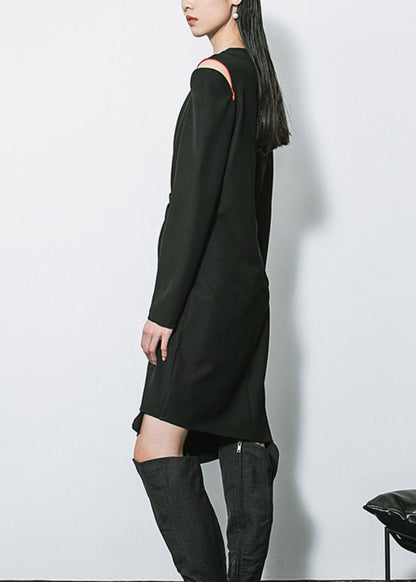 Black O-neck Asymmetrical Patchwork Long Dresses Long Sleeve