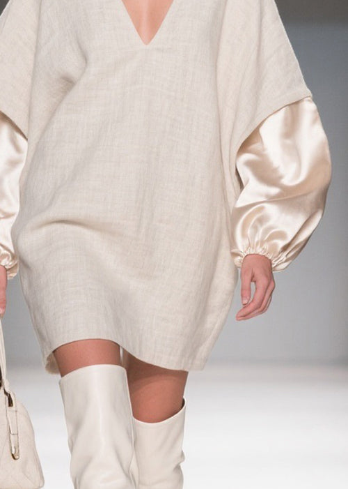 Loose Linen V Neck Silk Patchwork Mini Dresses Spring