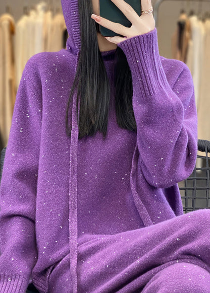 Organic Black Hooded Sweaters and Pants Woolen Two Pieces Set Fall