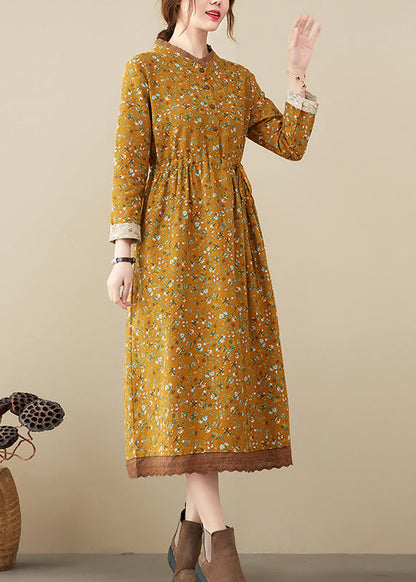 Art Yellow Stand Collar Tie Waist Print Lace Patchwork Dresses Long Sleeve
