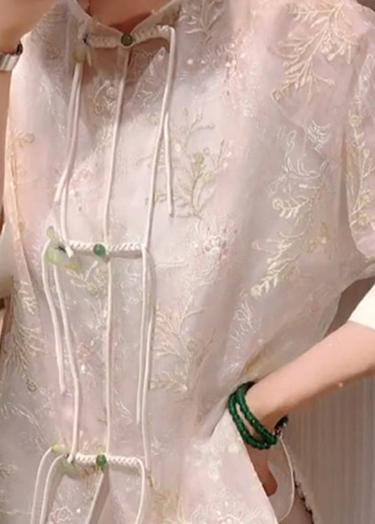 White Embroideried Chinese Button Patchwork Silk Blouses Summer