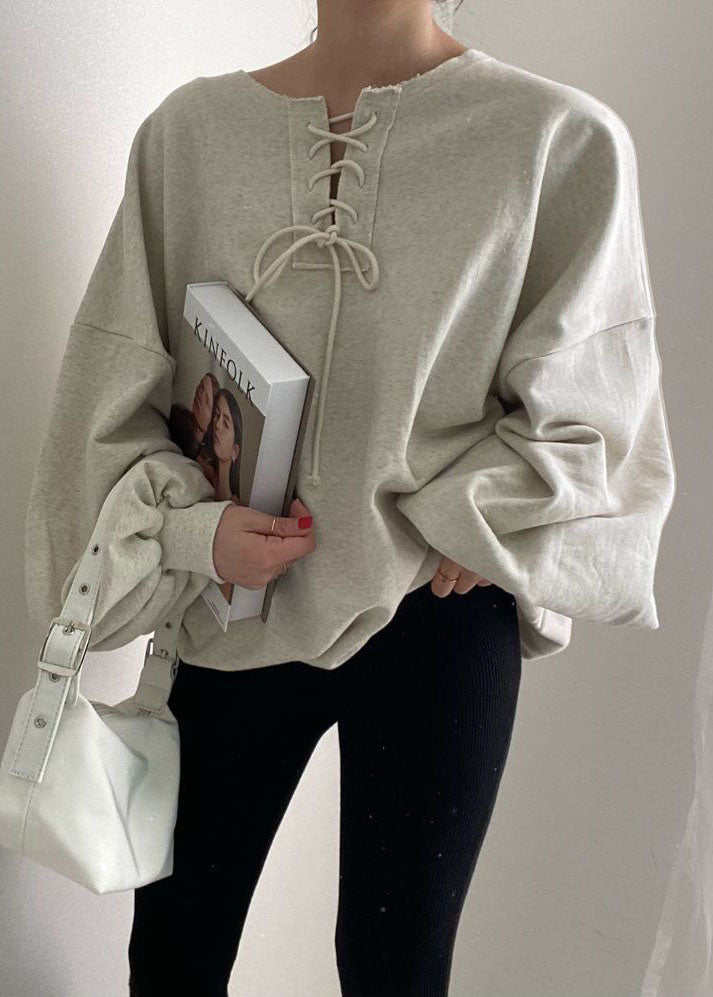 Grey O Neck Patchwork Cotton Top Lantern Sleeve