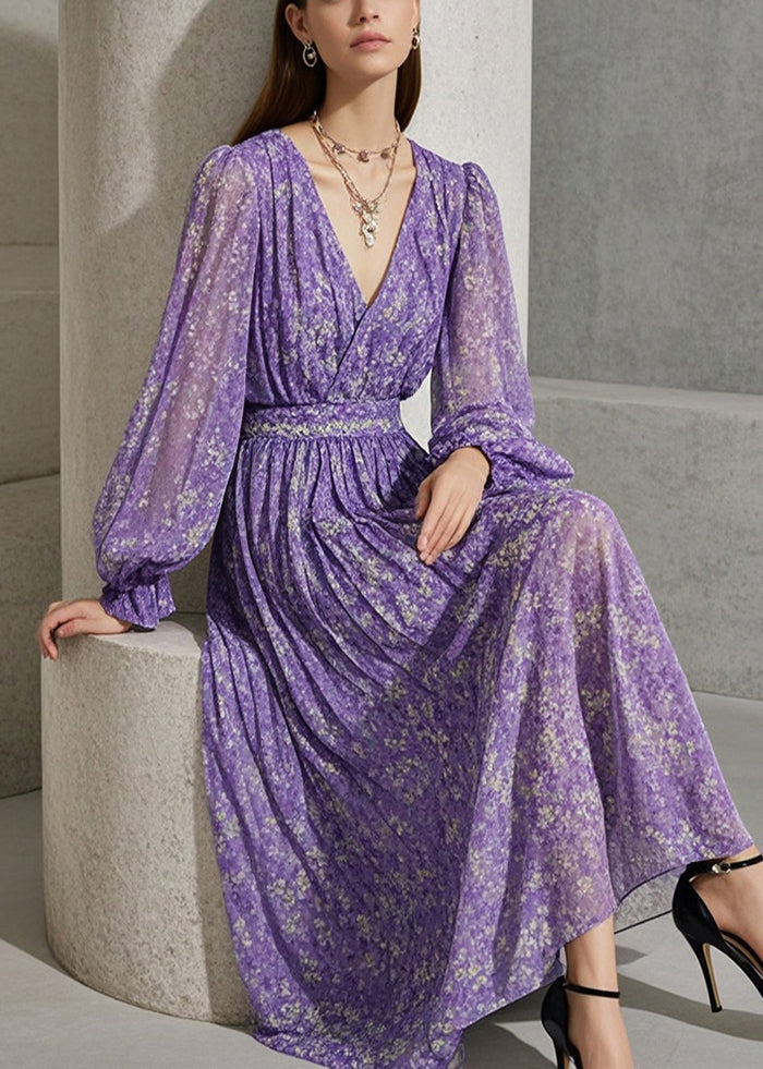French Lavender Cinched Print Blended Fabric Robe Dresses Fall