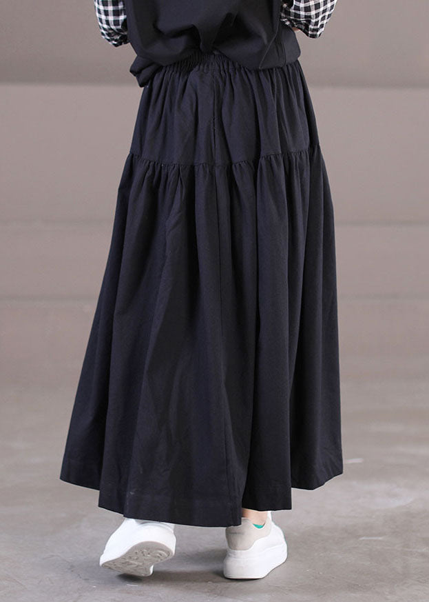Black Elastic Waist Patchwork Cotton Pleated Skirt Summer