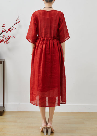 Red Embroidered Linen Cinched Dress Summer