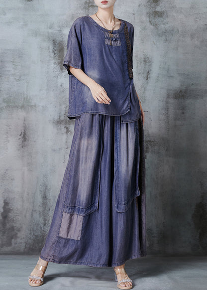 Blue Asymmetrical Patchwork Denim Two Pieces Set Summer