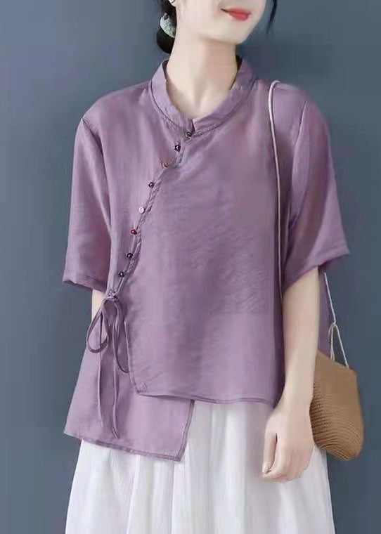 Purple Patchwork Shirt Top Chinese Style Button Half Sleeve