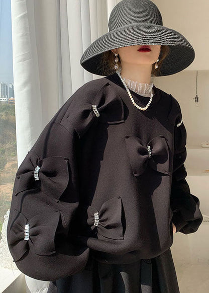 Black Bow Cotton Sweatshirts Top Spring