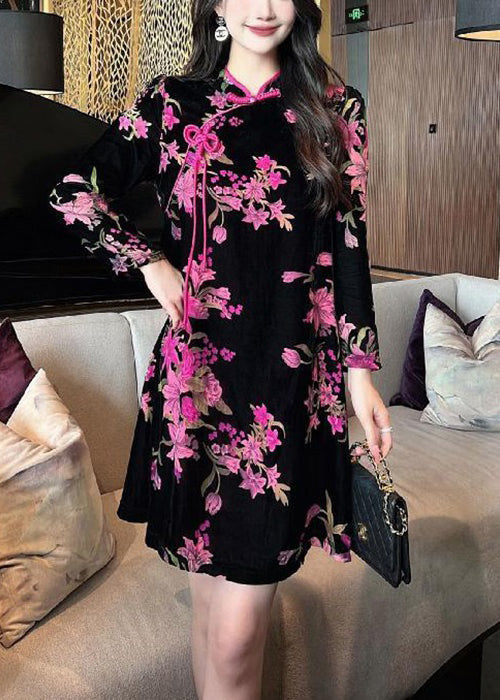 Black Chinese Button Print Silk Velour Mid Dress Long Sleeve