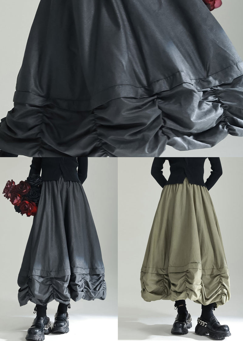 Green Wrinkled Pockets Patchwork Cotton Skirts Fall