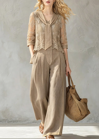 New Khaki Bow Lace Top and Wide Leg Pants Two Pieces Set Half Sleeve