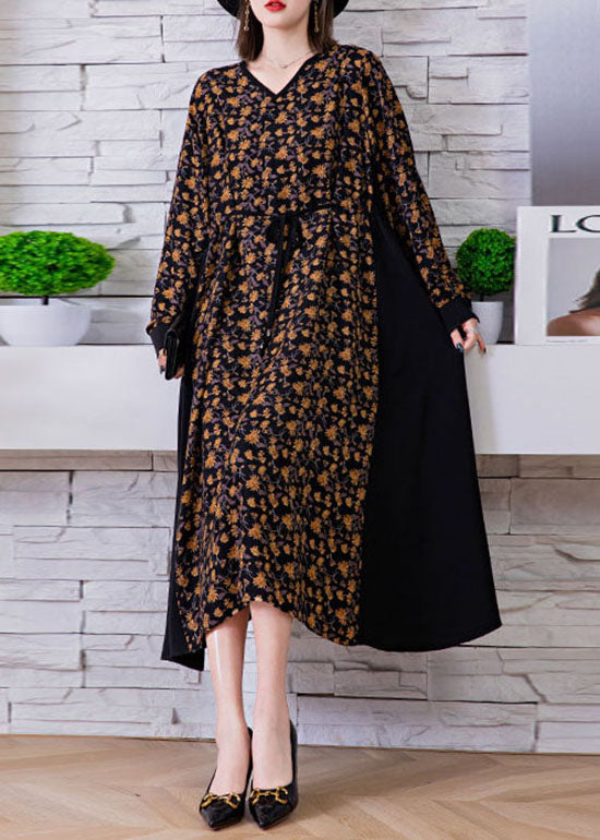 Black Tie Waist V Neck Print Patchwork Silk Holiday Dress Spring