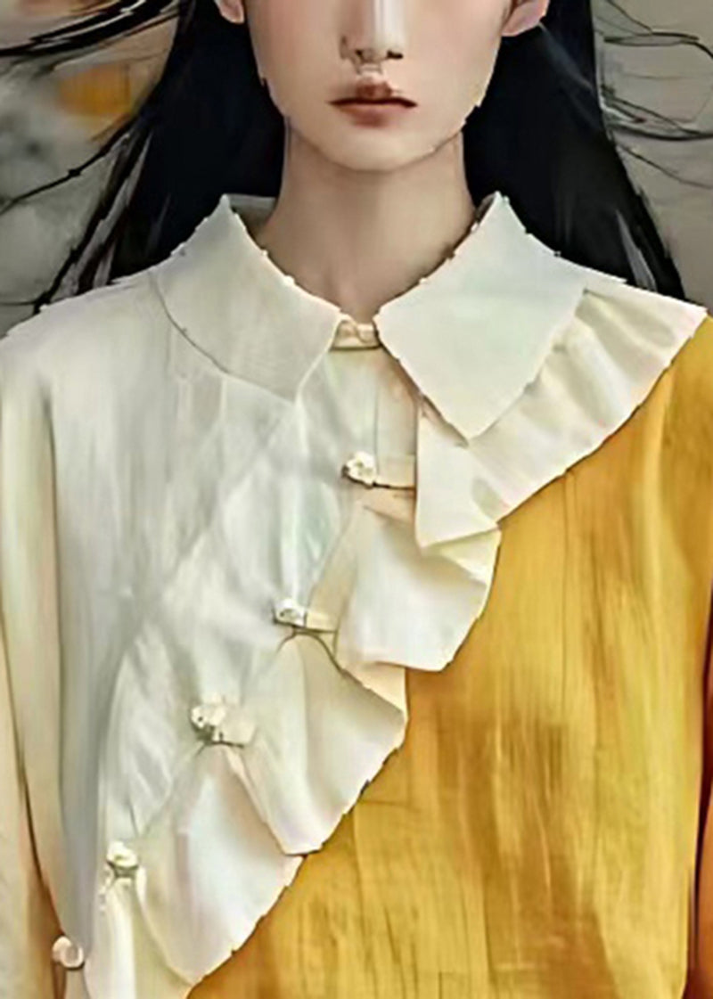 Diy Yellow Ruffled Patchwork Linen Blouse Top Half Sleeve