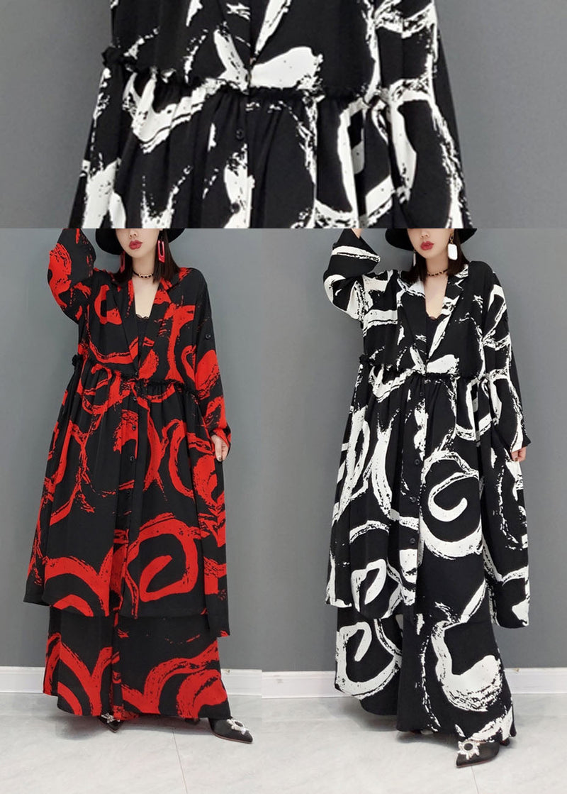 Black Ruffled Print Cotton Two Pieces Set Long Sleeve