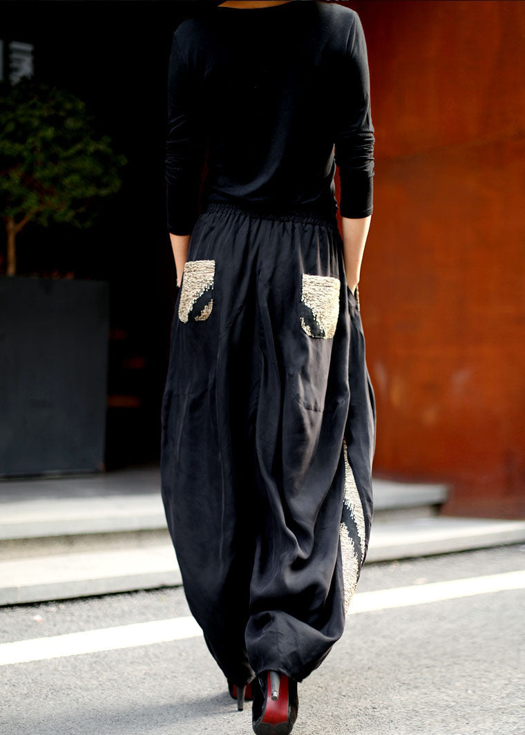 Handmade Black Elastic Waist Patchwork Pants Spring