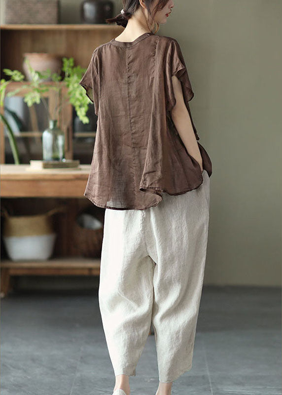 Chocolate Retro Loose Pockets Fall Shirt Tops Short Sleeve