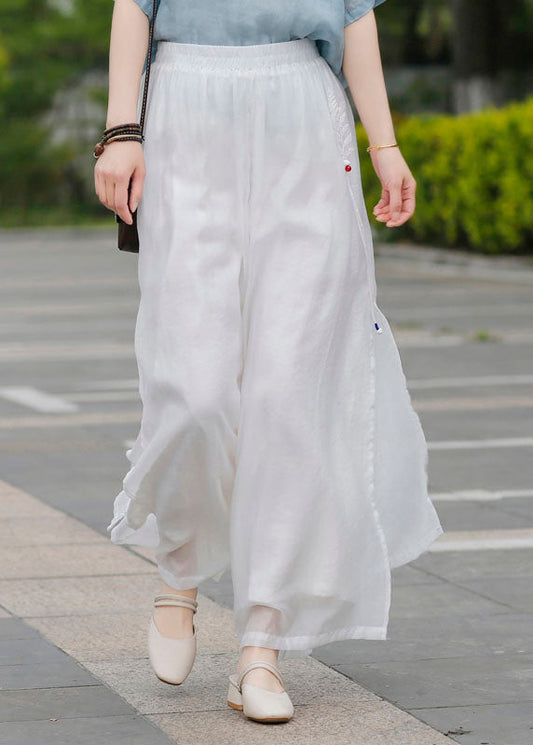 Loose White Elastic Waist Embroideried Linen Pants Spring