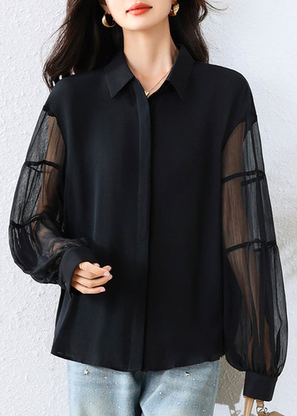 French Black Peter Pan Collar Patchwork Tulle Chiffon Tops Fall