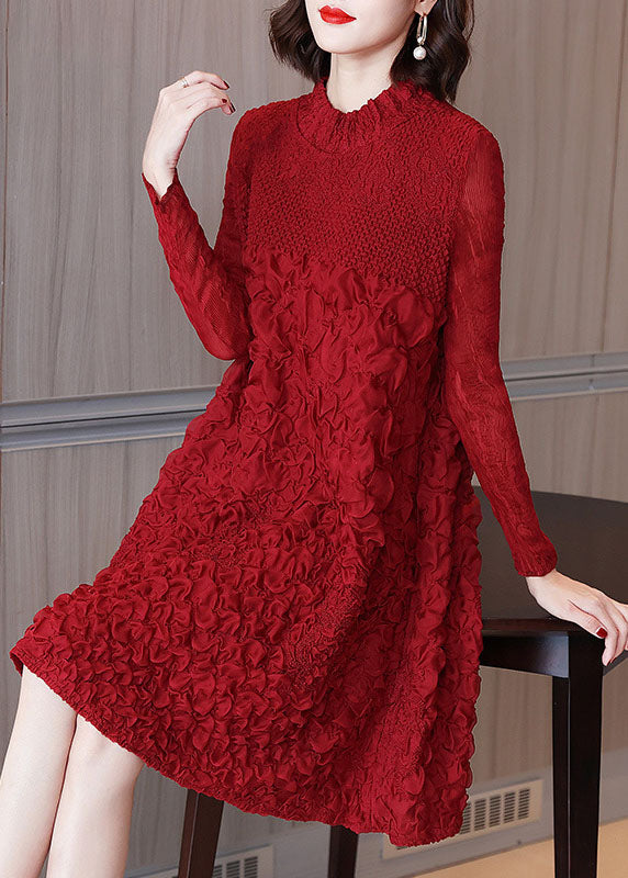 Rose O-neck Embroideried Long a Line Dresses Long Sleeve
