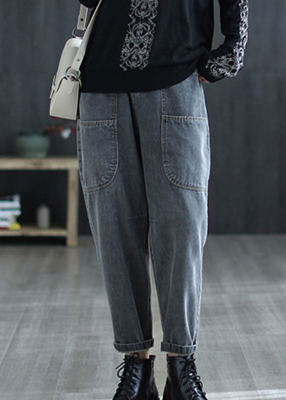 Grey High Waist Pockets Harem Fall Denim Pants