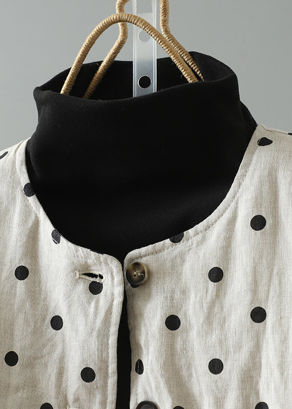 Apricot O Neck Pockets Dot Print Fine Cotton Filled Jackets Spring
