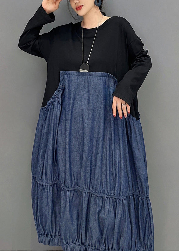 Colorblock Oversized Patchwork Wrinkled Denim Dress Spring