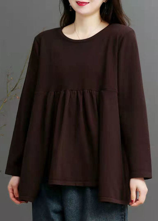 French Chocolate O-neck Asymmetrical Design Fall Knit Sweater