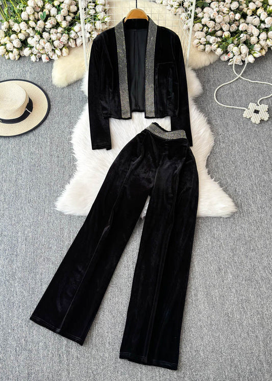Boutique Black Patchwork Zircon Cardigans and Wide Leg Pants Two Pieces Set Spring