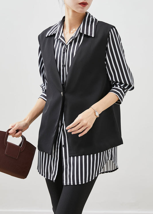 Classy Black Oversized Striped Cotton Vest and Shirt Two Piece Set Fall
