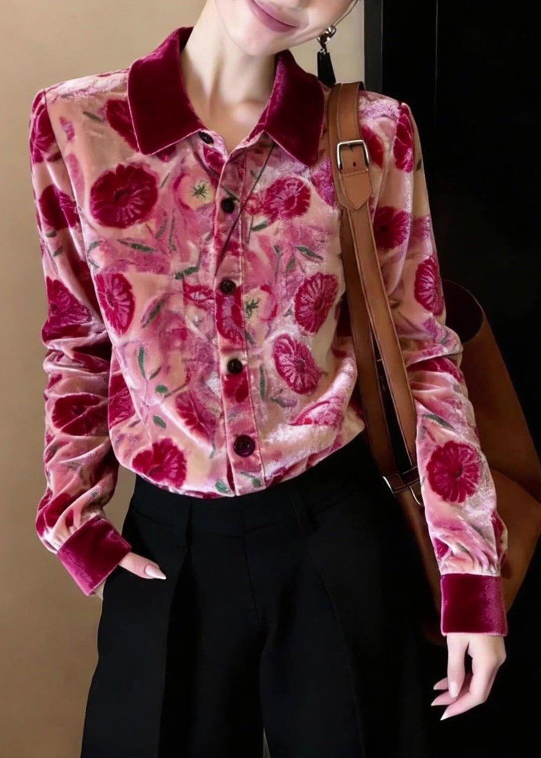 Stylish Rose Peter Pan Collar Print Silk Velour Shirt Top Spring