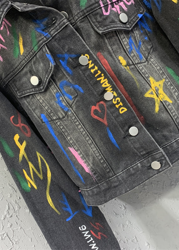 Black Gray Lapel Graffiti Denim Jacket Autumn