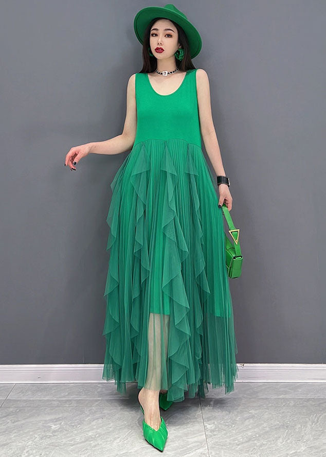 Green Tulle Patchwork Cotton Fitted Dresses O-neck Sleeveless