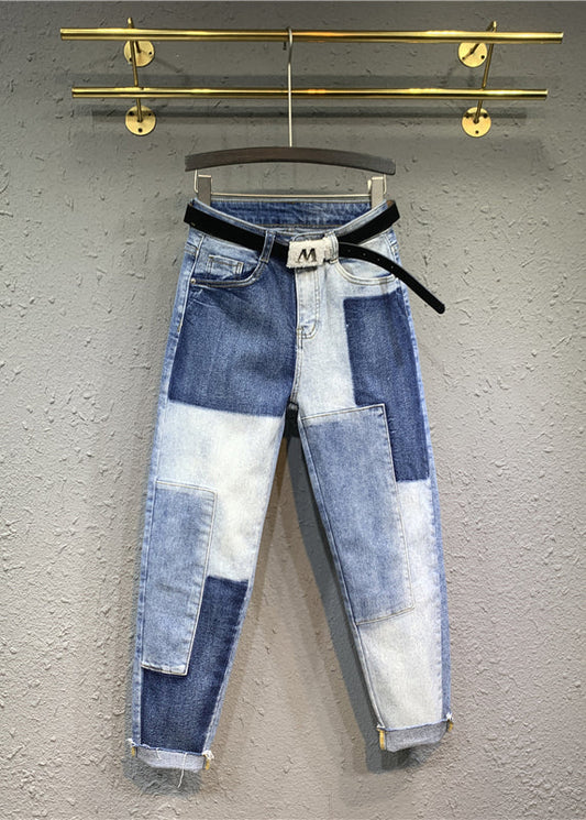 Diy Blue High Waist Pockets Patchwork Denim Pants Fall