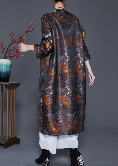 Brown Oversized Print Cotton Filled Silk Coat Outwear Spring